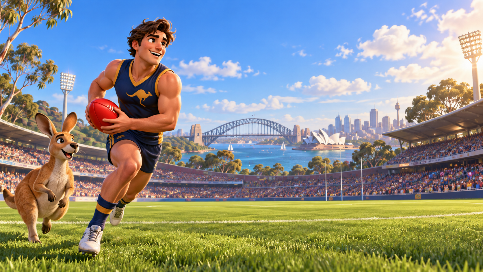 Football player and kangaroo on a sunny oval